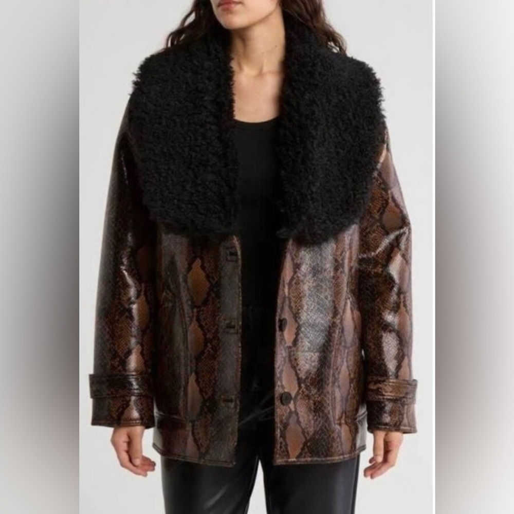 BLANKNYC - Brown & Black Snakeskin Print Leather Jacket with Faux Fur , Size M